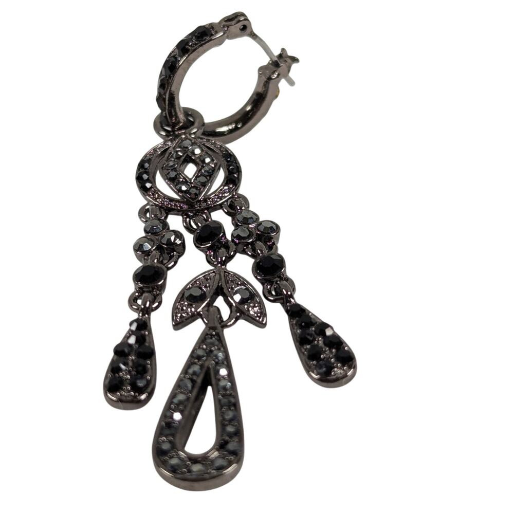 Monet Convertible Chandelier Hoop Earrings Gunmetal Black Rhinestone 2-in-1 EUC